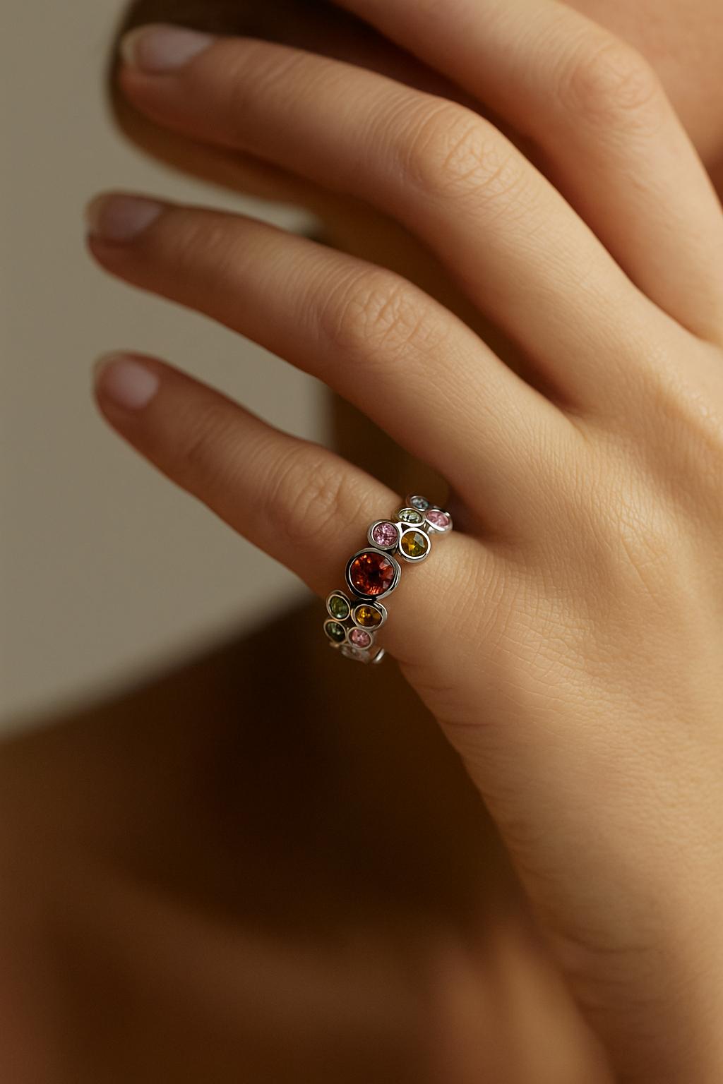 925 Sterling Silver Colorful Cluster Gemstone Ring