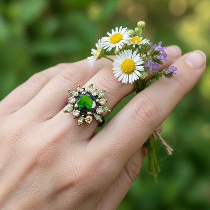 925 Sterling Silver Black Opal Halo Ring