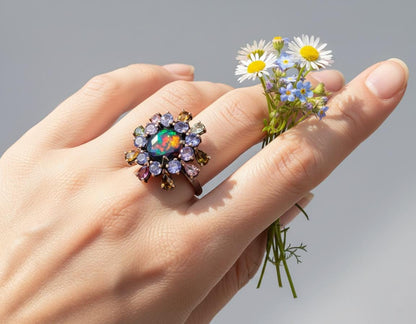 925 Sterling Silver Black Opal Halo Ring