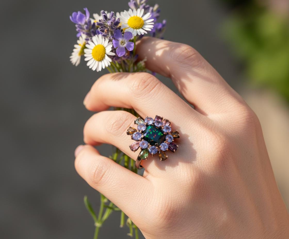 925 Sterling Silver Black Opal Halo Ring