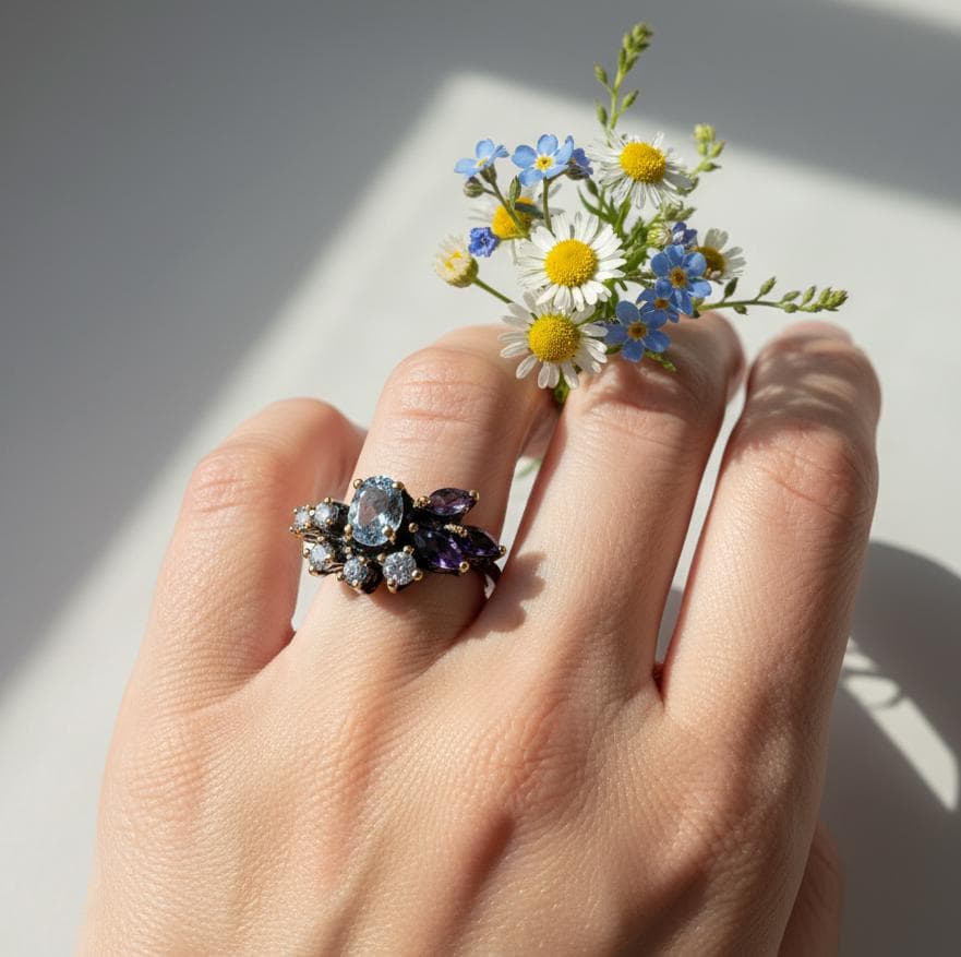 925 Sterling Silver Blue Topaz Cluster Ring