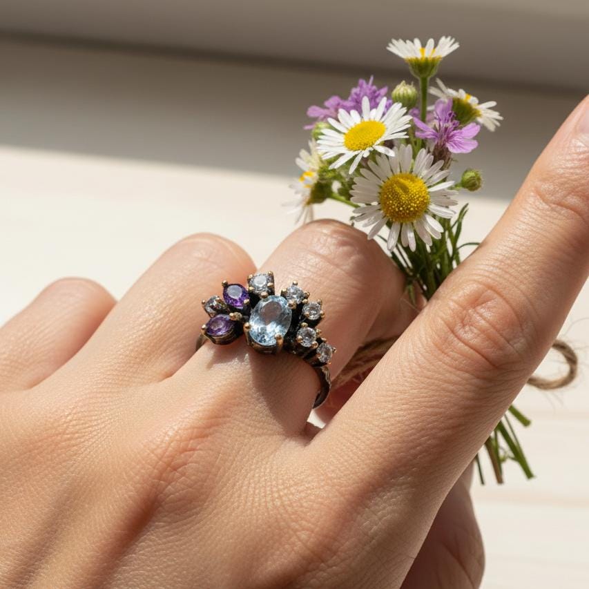 925 Sterling Silver Blue Topaz Cluster Ring