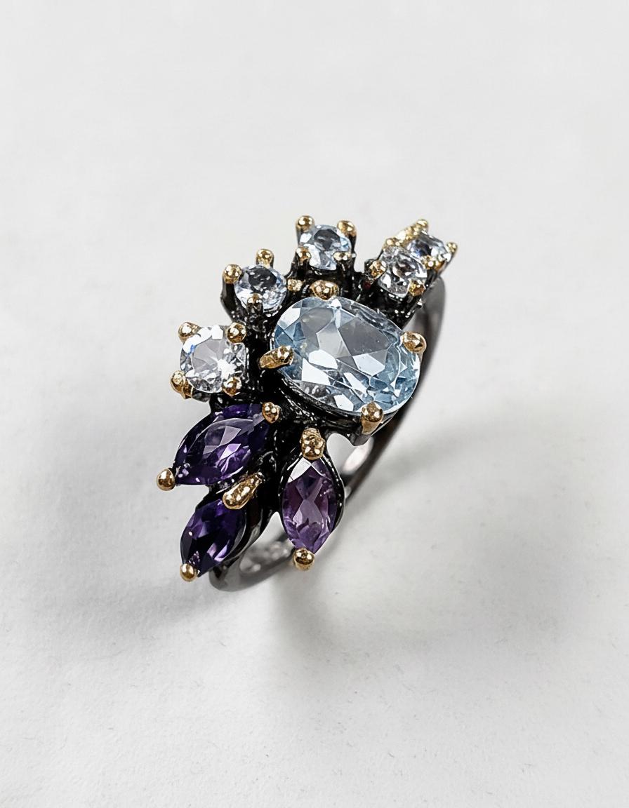 925 Sterling Silver Blue Topaz Cluster Ring