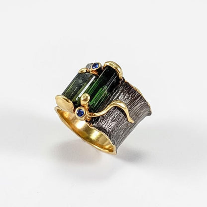 925 Sterling Silver Raw Green Black Tourmaline Bar Ring