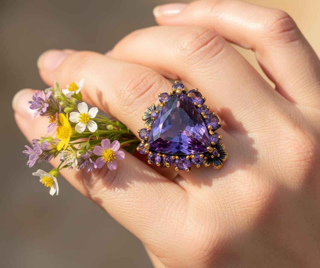 925 Sterling Silver Amethyst Trilliant Cut Nature Ring