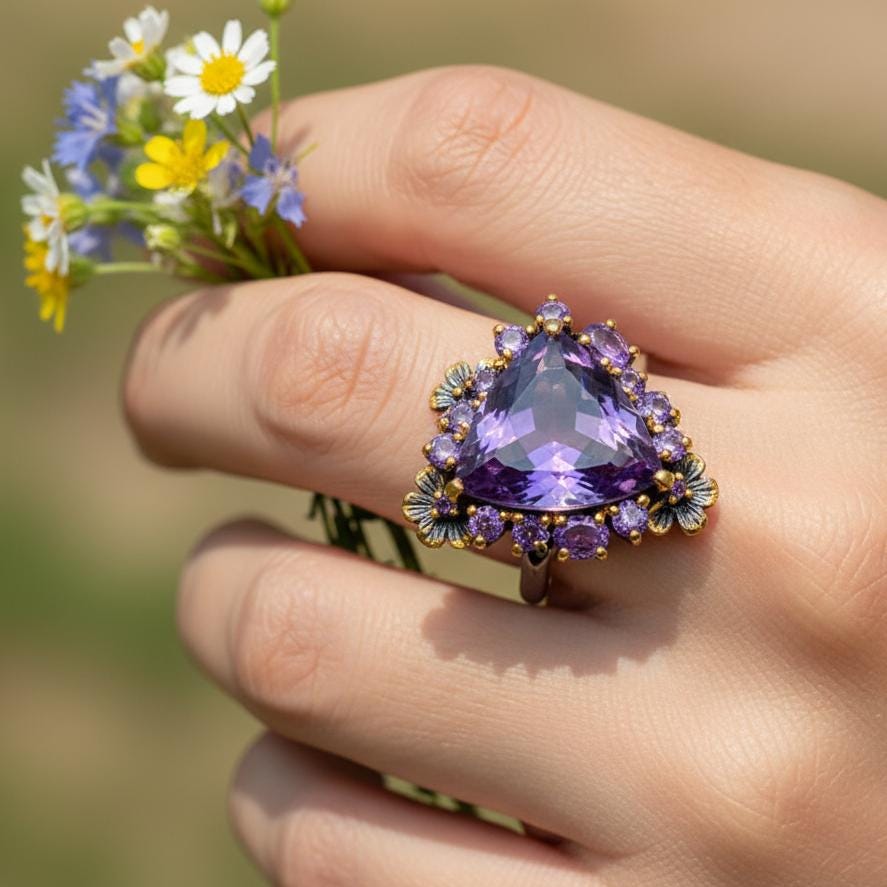 925 Sterling Silver Amethyst Trilliant Cut Nature Ring