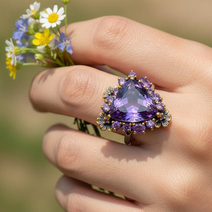 925 Sterling Silver Amethyst Trilliant Cut Nature Ring