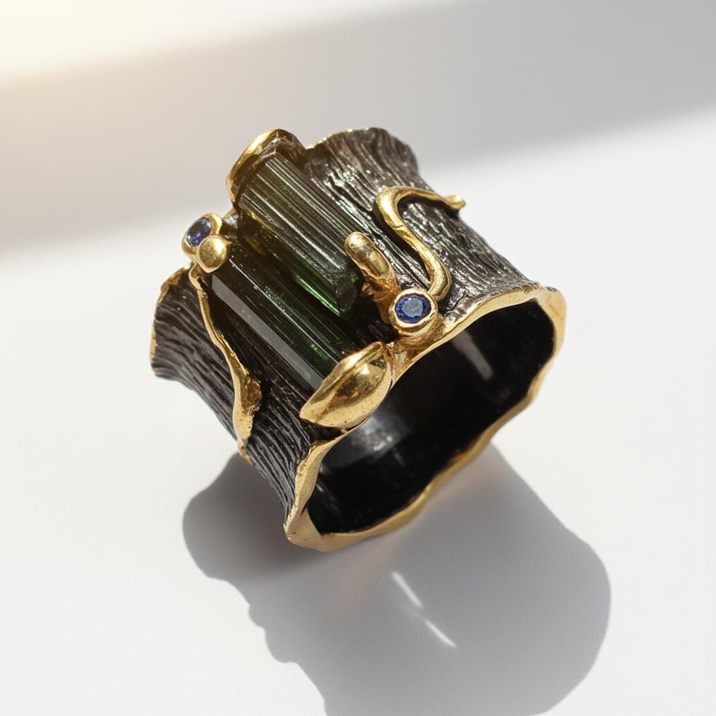 925 Sterling Silver Raw Green Black Tourmaline Bar Ring