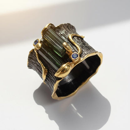 925 Sterling Silver Raw Green Black Tourmaline Bar Ring