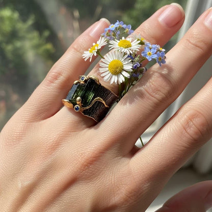 925 Sterling Silver Raw Green Black Tourmaline Bar Ring