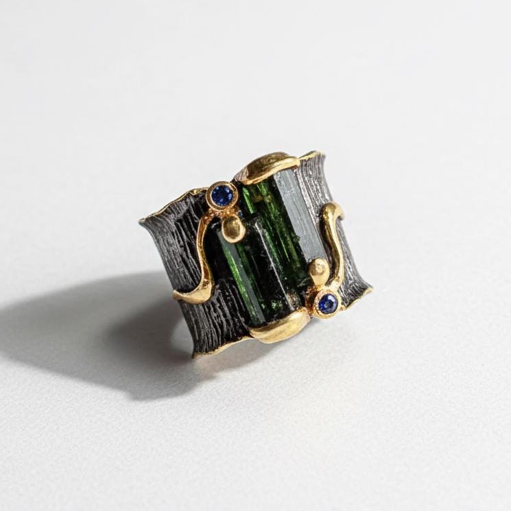 925 Sterling Silver Raw Green Black Tourmaline Bar Ring