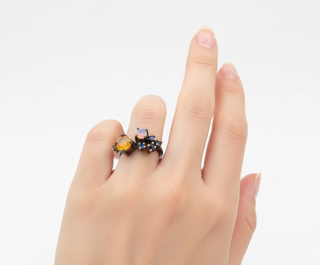 925 Sterling Silver Opal Gemstone Cluster Ring