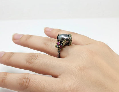 925 Sterling Silver Black Pearl Octopus Tentacle Ring
