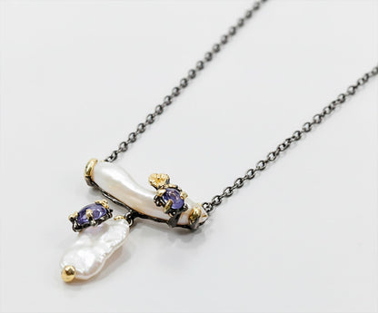 925 Sterling Silver Freshwater Pearl Pencil Bar Necklace