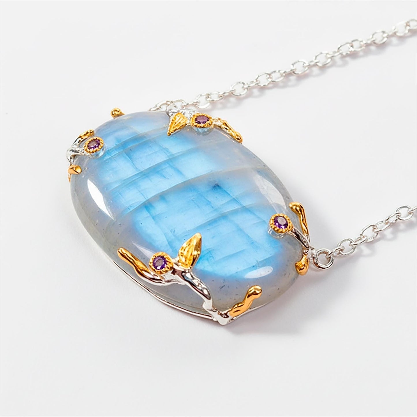 925 Sterling Silver Moonstone Rainbow Necklace