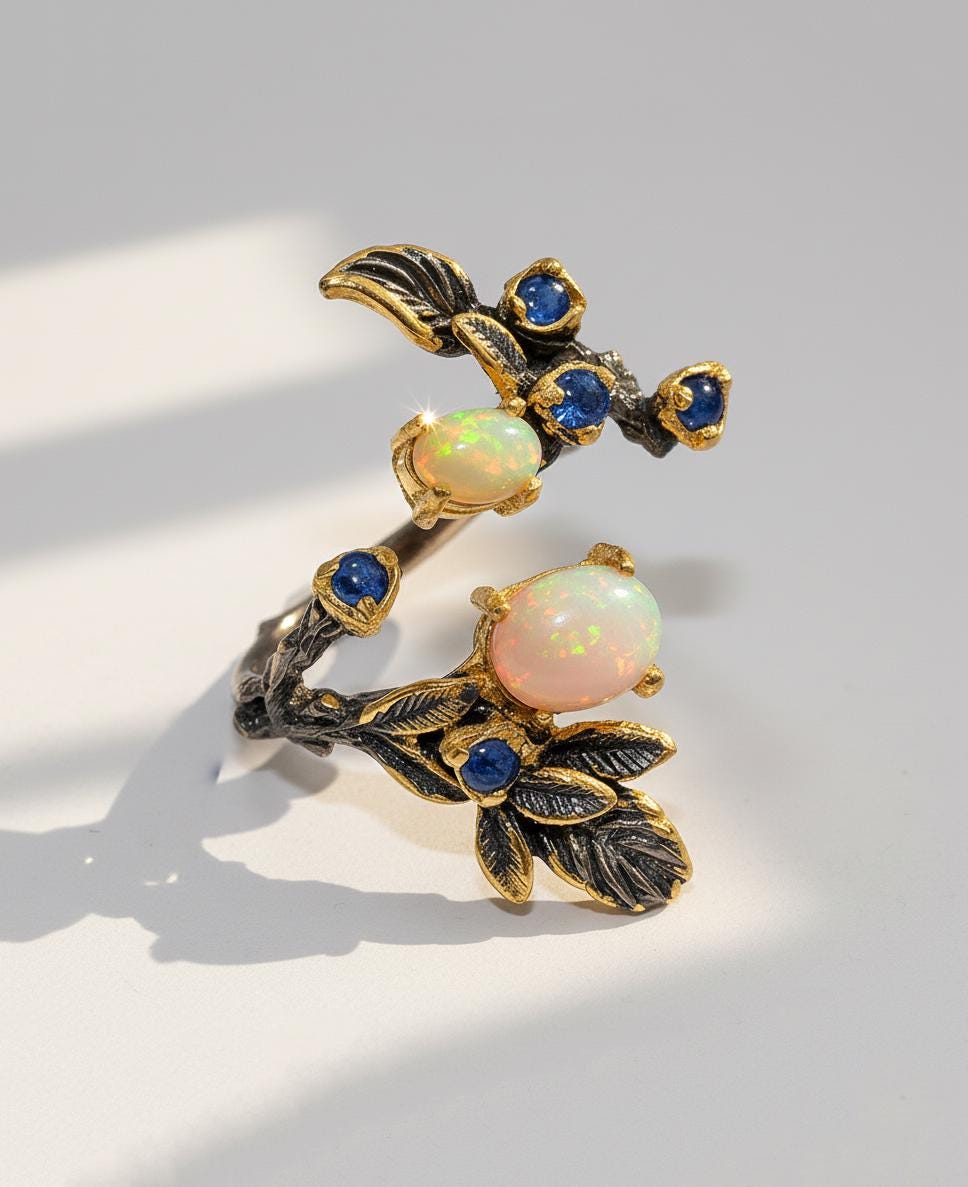 925 sterling silver fire opal black branch ring