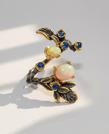 925 sterling silver fire opal black branch ring