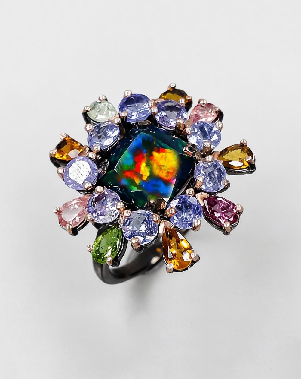 925 Sterling Silver Black Opal Halo Ring