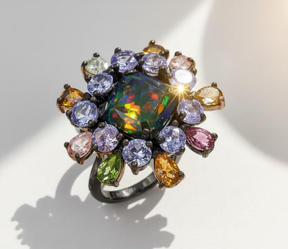 925 Sterling Silver Black Opal Halo Ring