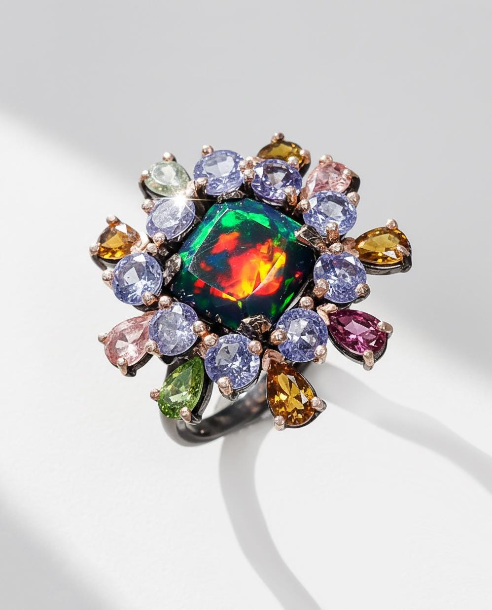 925 Sterling Silver Black Opal Halo Ring