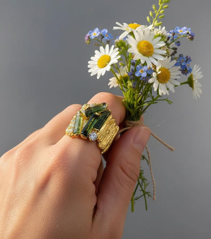 925 sterling silver green tourmaline wide band ring
