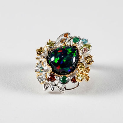 925 Sterling Silver Black Opal Flower Ring