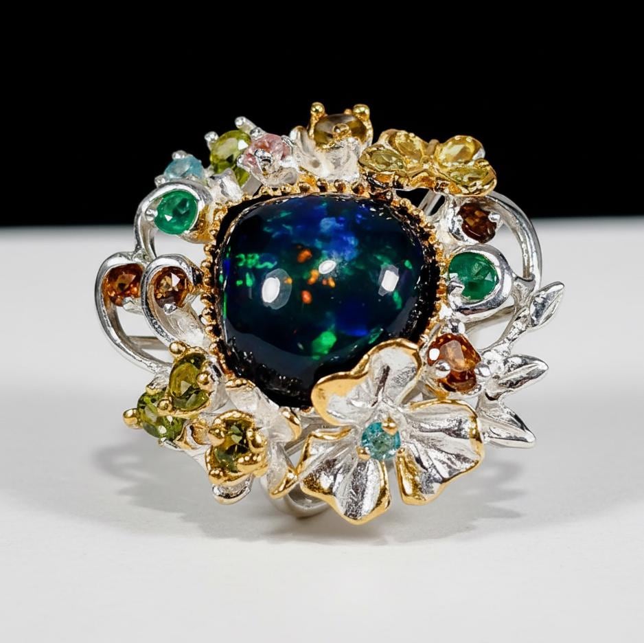 925 Sterling Silver Black Opal Flower Ring