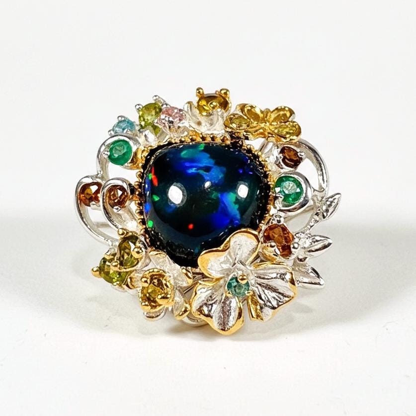 925 Sterling Silver Black Opal Flower Ring
