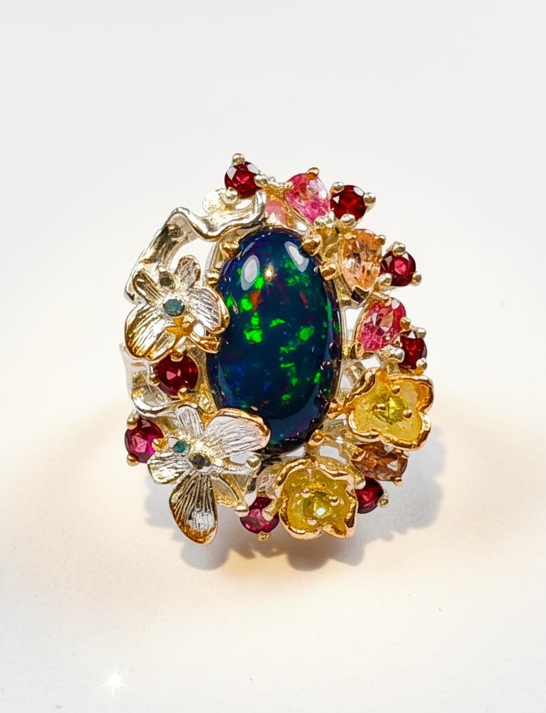 925 Sterling Silver Black Opal Butterfly Ring
