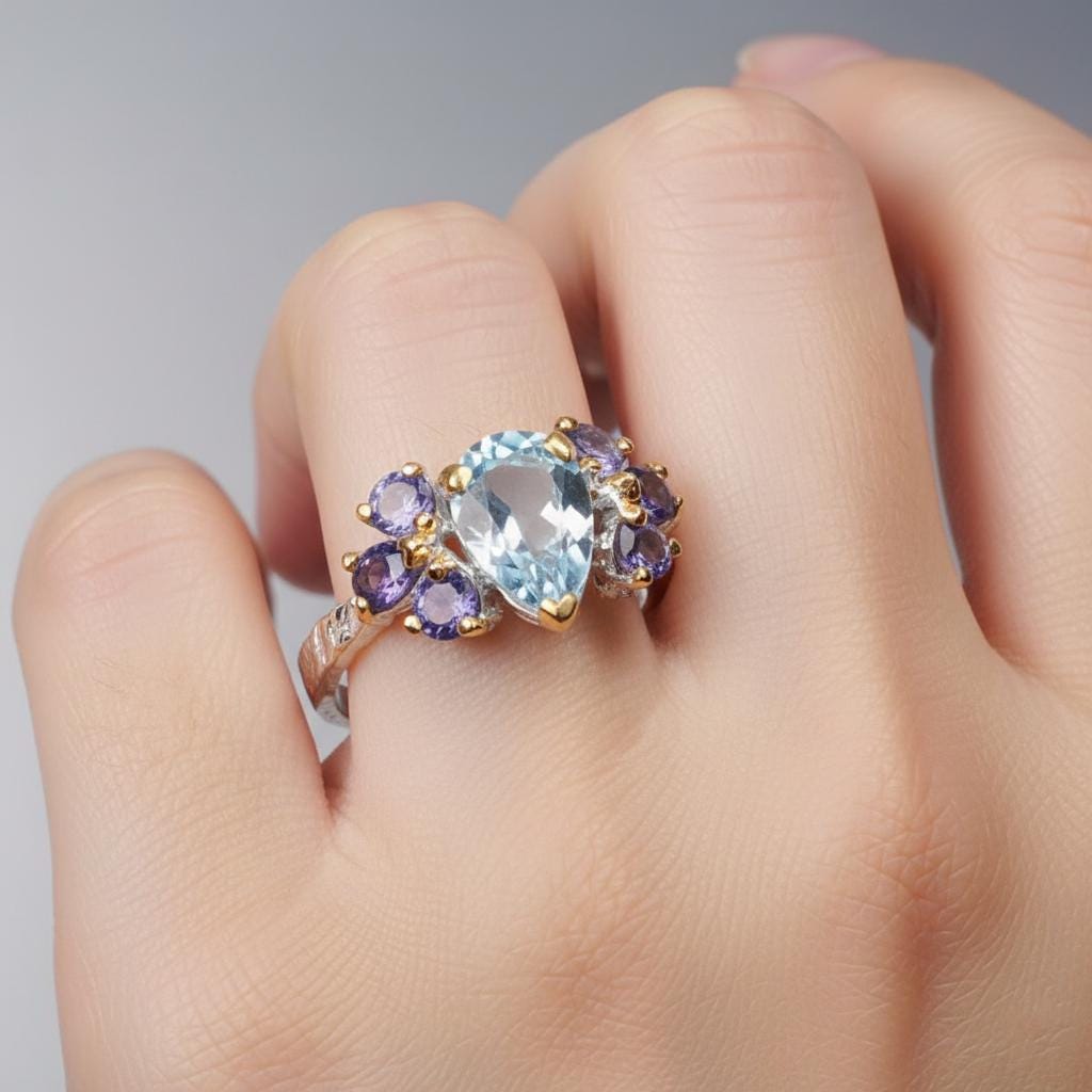 925 Sterling Silver Blue Topaz Hammered Rings