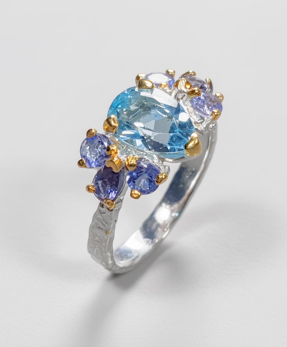 925 Sterling Silver Blue Topaz Hammered Rings