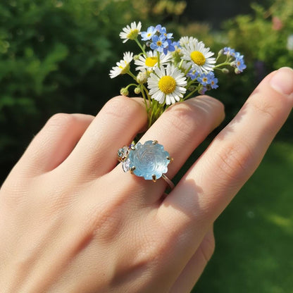 925 Sterling Silver Aquamarine Rose Promise Ring