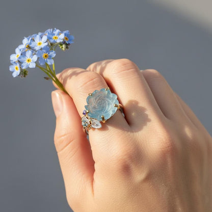 925 Sterling Silver Aquamarine Rose Promise Ring