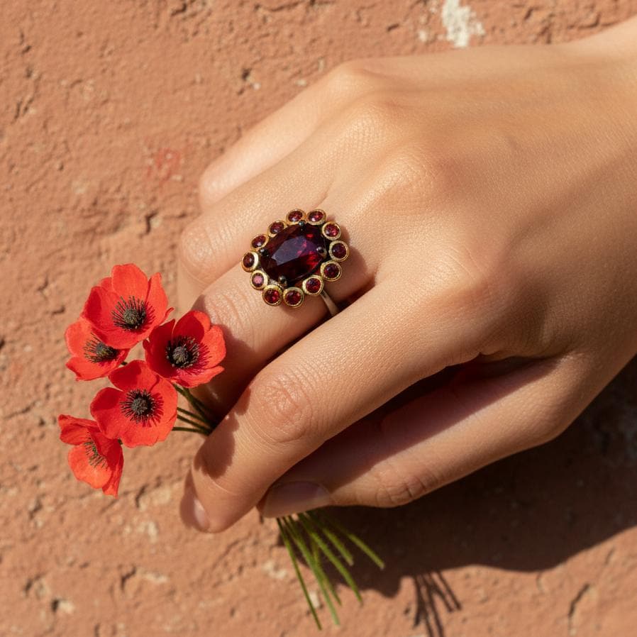 925 Sterling Silver Garnet Ring, worn on hand