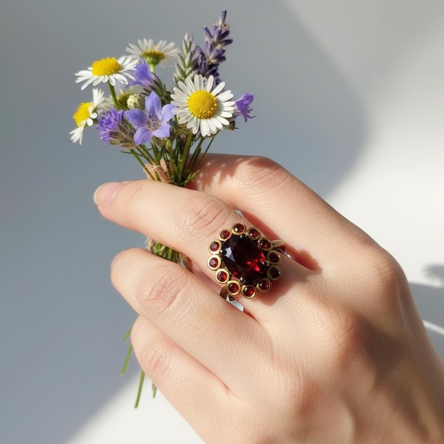 925 Sterling Silver Garnet Ring, additional angle