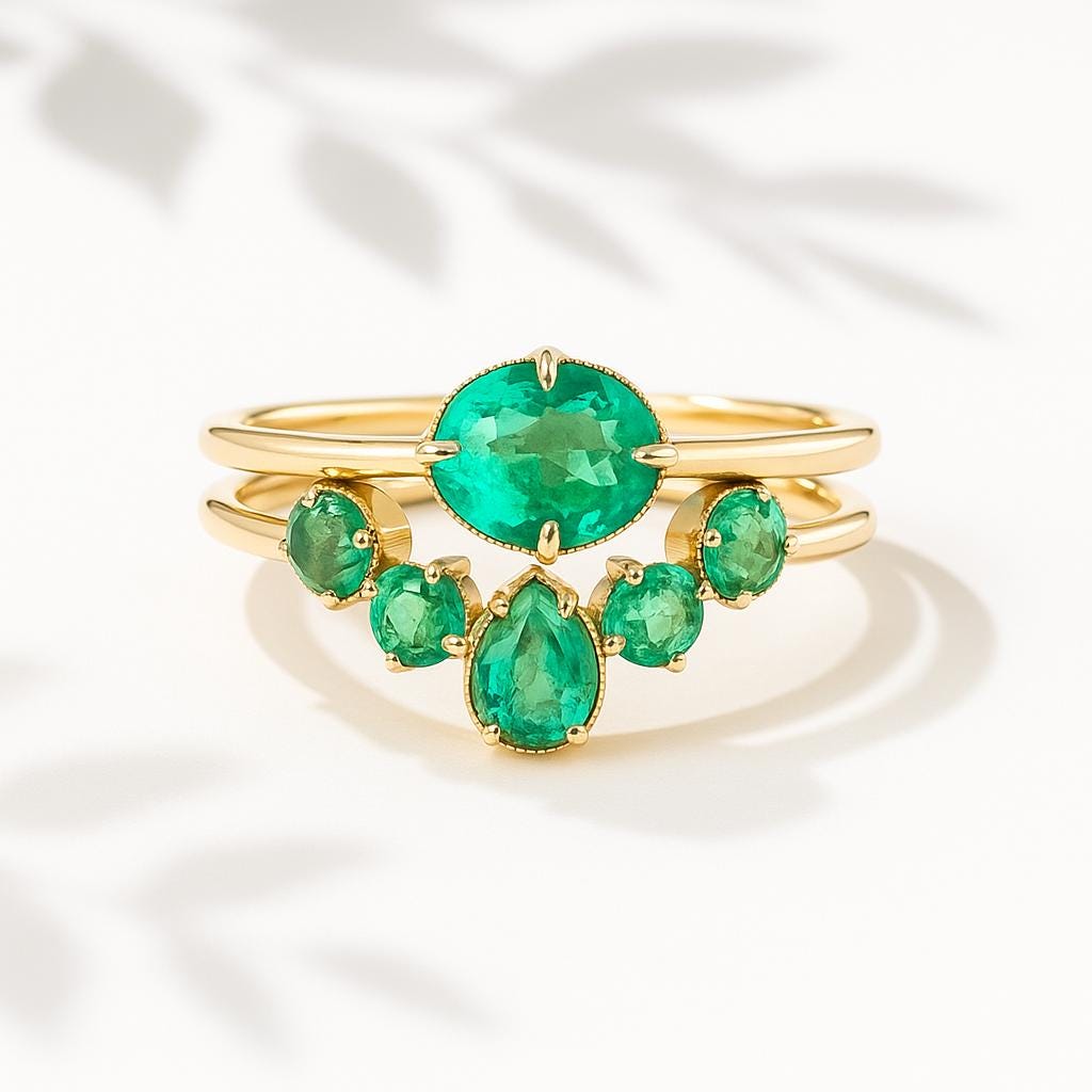 18K Solid Gold Emerald Engagement Ring Set
