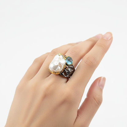 925 Sterling Silver Baroque Pearl Chunky Ring
