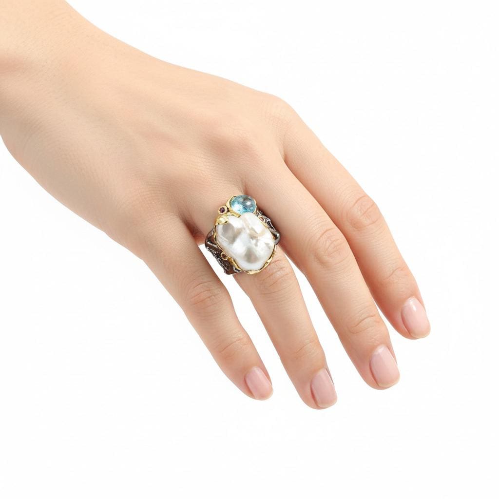 925 Sterling Silver Baroque Pearl Chunky Ring