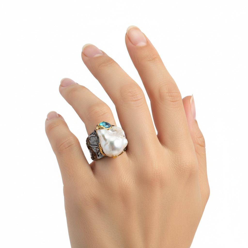 925 Sterling Silver Baroque Pearl Chunky Ring