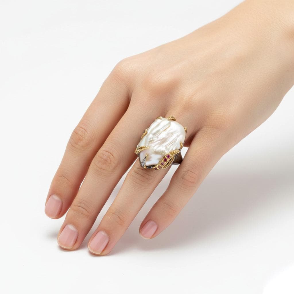 925 Sterling Silver Freshwater Pearl Ring, close-up detail