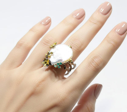 925 Sterling Silver Baroque Pearl Chunky Ring