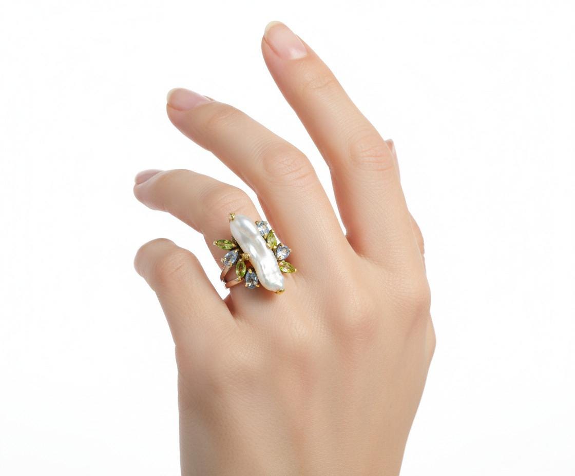 925 Sterling Silver Baroque Pearl Pencil Ring