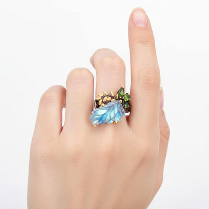 925 Sterling Silver Rainbow Moonstone Leaf Ring