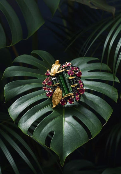 925 Sterling Silver Bar Tourmaline Leaf Ring