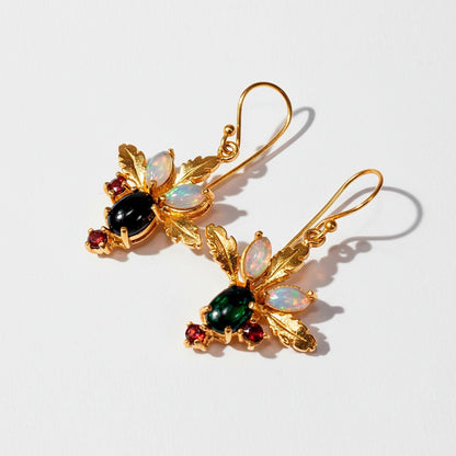 925 Sterling Silver Black Opal Botanical Earrings
