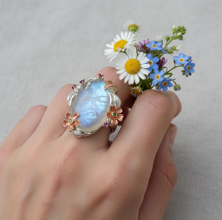 925 Sterling Silver Rainbow Moonstone Butterfly Ring