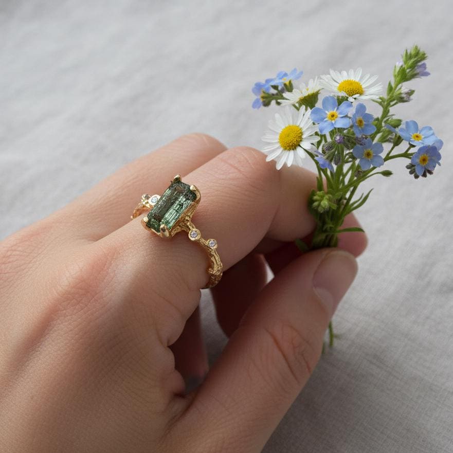 925 Sterling Silver Raw Green Tourmaline Minimalist Ring