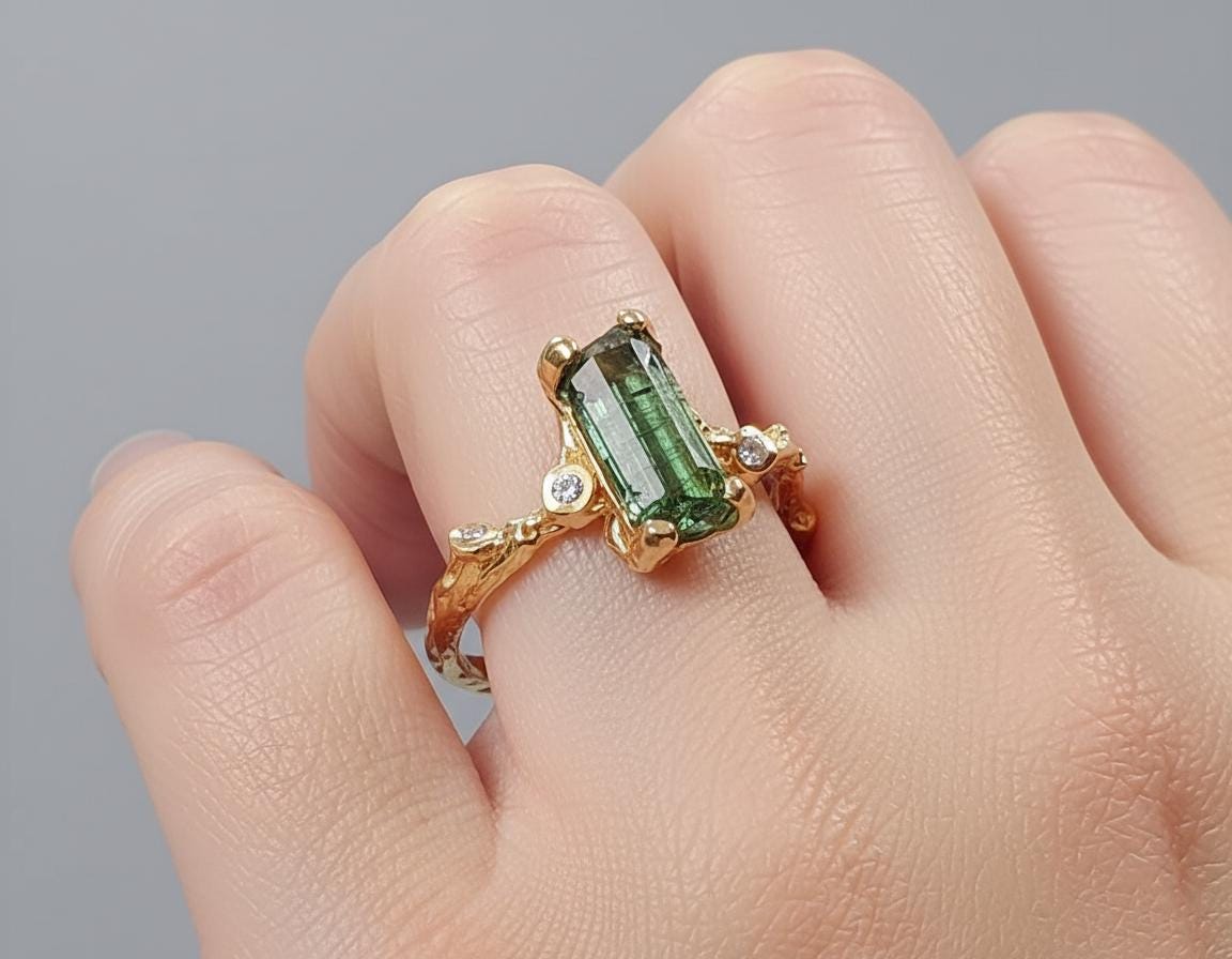 925 Sterling Silver Raw Green Tourmaline Minimalist Ring