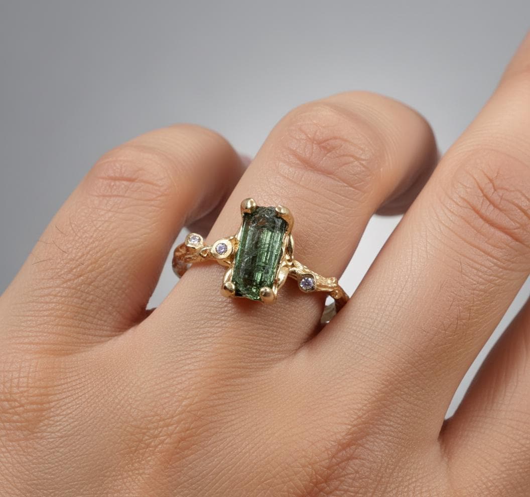 925 Sterling Silver Raw Green Tourmaline Minimalist Ring