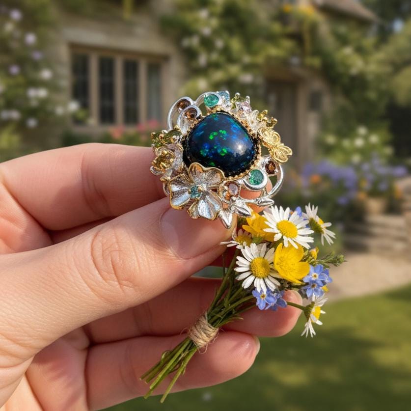 925 Sterling Silver Black Opal Flower Ring